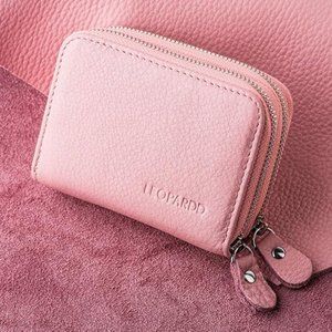 Leopardd RFID Blocking Leather Minimalist Pink Wallet ID Window, 10 card slots